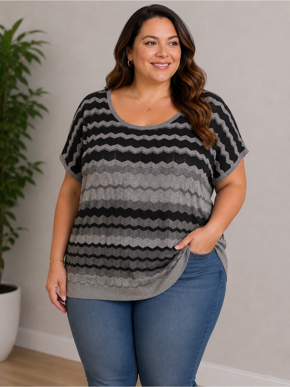 Portez Le Sourire Gray & Black Chevron Knit Sweater Top | Plus Size